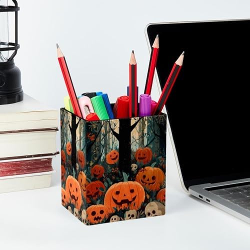 Halloween Pumpkin Pen Holder for Desk Decor, Rectangular PVC Leather Pencil Cup for Desk Pen Organizer, Makeup Brush Holder for School, Home, Office