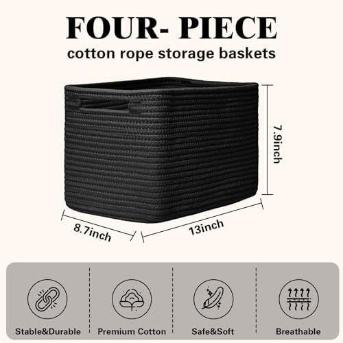 Storage Baskets for Organizing, 4 Pack Baskets for Shelves, Decorative Storage Bins for Shelves, Cotton Rope Storage Basket with Handles, Woven Basket for Storage, 13''Lx8.7''Wx7.9''H, Black