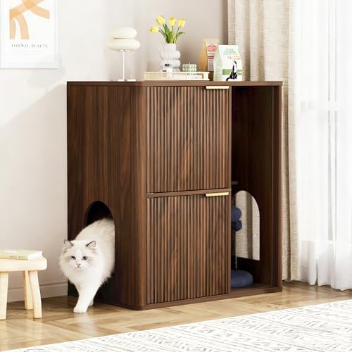 31.5 Inch Cat Litter Box Enclosure with Cat Tree Cabinet, Walnut | Hidden Litter Box Furniture with Dual Entry Doors, Storage Shelf, Sisal Scratching Post and Modern Side Table Design