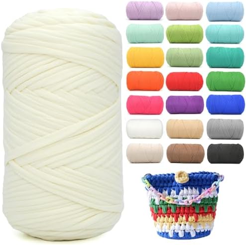 400g Tshirt Yarn for Crochet,Milky White T Shirt Soft Elastic Fabric Chunky Thick T-Shirt Crochet Yarn for Crocheting Knitting Beginner Hand Knitting for Bag/DIY Craft/Home Decor-Milky White