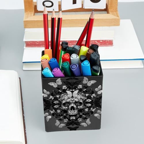 Skull and Butterfly Pen Holder for Desk Decor, Rectangular PVC Leather Pencil Cup for Desk Pen Organizer, Makeup Brush Holder for School, Home, Office