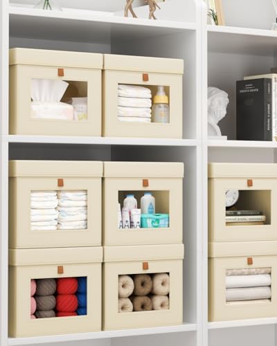 Homsorout Storage Bins with Lid – Closet Organizer with Side Opening and Clear Window, Foldable Stackable Fabric Basket for Clothes, Home, Office - 13.77" x 11.8" x 9.8", 4 Pack, Beige
