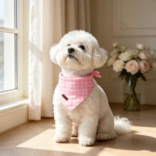 Pink Checkered Dog Bandana, Spring Summer Pink Plaid Puppy Bandana for Girl Female Dogs, Soft Cotton Pet Triangle Bid Scarf Kerchief for Girl Boy Dogs or Cats