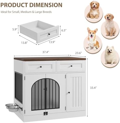Garvee Multi-Functional Dog Crate Furniture, 37 Inch Wooden Dog Crate with Storage & 360° Rotating Bowls, Dog Kennel Furniture for Small to Large Breeds