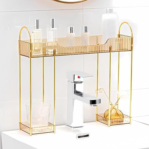 YCIA&DONE Bathroom Countertop Organizer Over The Faucet, Narrow Counter Organizers Above Sink, Table Mounted Faucet Sink Shelf for Kitchen, Toilet, Laundry(Amber Gold)