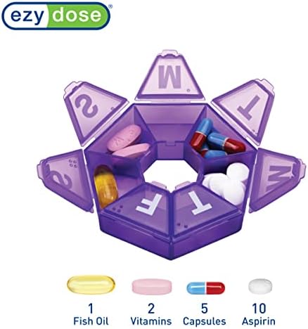 Ezy Dose Weekly (7-Day) Pill Organizer, 7-Sided Medicine Planner, Purple | Compact Daily Round Vitamin & Supplement Medicine Case, Convenient and Easy to Use, Travel-Friendly Container, BPA-Free