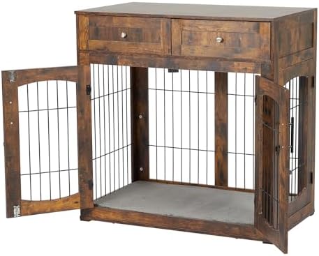 40'' Wooden Dog Crate Furniture, Farmhouse Dog Kennel Indoor Furniture Style Dogs Crate Table with 2 Drawers for Small, Medium & Large Dogs Brown