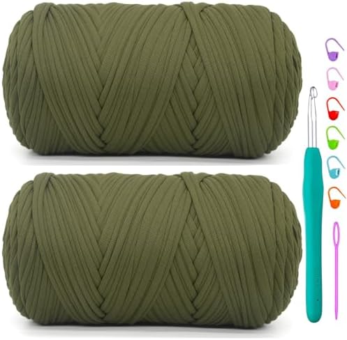 2 Pack Tshirt Yarn for Crochet,Army Green T Shirt Soft Elastic Fabric Chunky Thick T-Shirt Crochet Yarn for Crocheting Knitting Beginner Hand Knitting Bag/DIY Craft/Home Decor 2 * 400G-Army Green