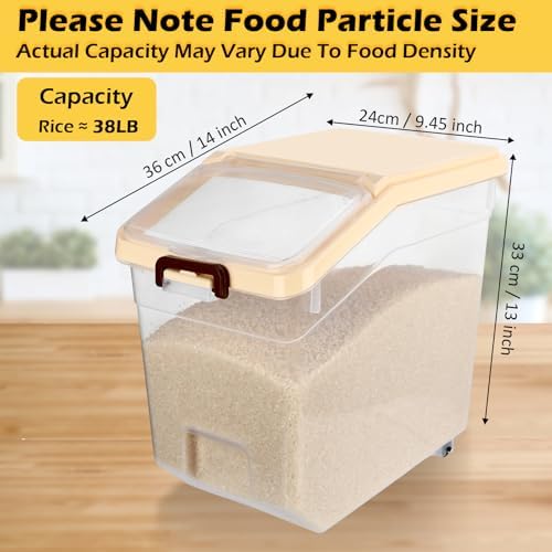 Sunnyray 4 Pcs Rice Storage Containers Bulk Flour Sugar Container Wheels Measuring Cups Set Airtight Pet Dog Cat Birds Food Bin Grain Cereal Organizer Box for Dry Baking (Beige,38 lb)