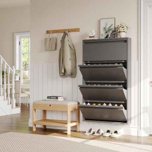 Garvee Slim Metal Shoe Cabinet with 4 Flip Drawers for Entryway, Dark Gray | Narrow Shoe Storage, Wall Mounted or Floor Standing, Detachable Bottom Corners for Flexible Placement, Anti-Tip Wall Mount