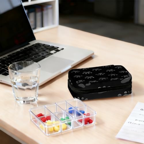Travel Pill Organizer Black Dog Paw Prints Small Pill Case