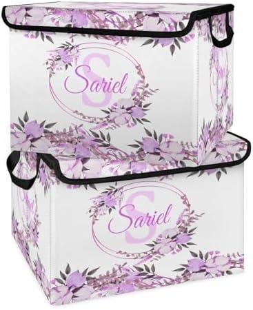 Purple Flower Storage Bin with Lid Personalized Storage Baskets for Organizing Foldable Closet Organizers with Handles,Cute Basket for Boys Girls for Clothes Blanket Pet Dog Toy Basket Storage 2 Pack