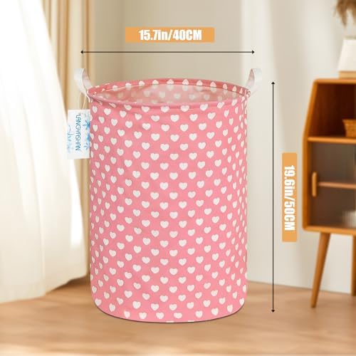Round Laundry Basket Collapsible Storage Hamper Organizer Pink Heart | Waterproof Canvas Foldable Baskets with sturdy Handles Multi-scene Organizer for Home Play Bedroom Gift Bin