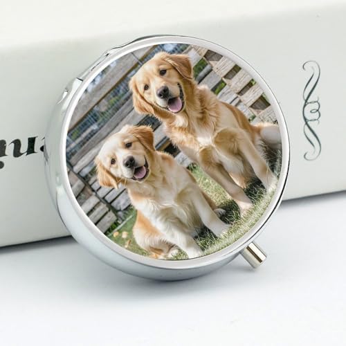 Round Small Pill Case 3 Compartment Metal Portable Travel Pillbox for Purse | Moisture Proof, Easy to Open, Fits Wallets & Pockets, Retriever Dogs Puppies Pets Pill Organizer for Vitamins Fish Oil