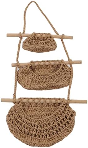 Hanging Fruit Basket 3 Tier Wall Mounted Handcraft Hemp Rope Wood 3 Tier Hanging Wall Basket for Toys Pet Plush Toys Dolls , Over the Door Hanging Basket , 3 hanging basket nursery organizers and s