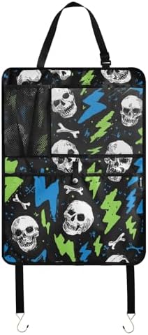 2 Pack Back Seat Car Organizer with Storage Pockets Kick Mats Back Seat Protector Hanging Car Organizer Automotive Seat Back Cover Organizers Skull Lightning Colorful