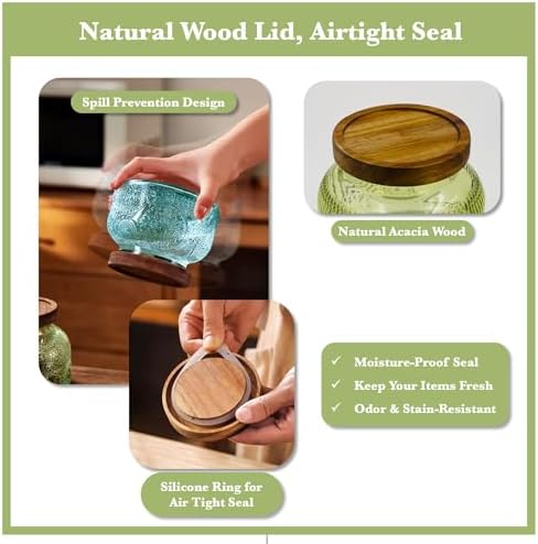 Decorative Green Glass Jars with Airtight Wooden Lids 2 pack, 25.4 fl. oz | Wide mouth vintage storage canister, kitchen pantry bathroom organization, coffee sugar tea cookie candy candle vase gift