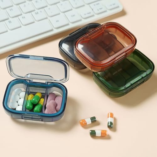 2-Pack 3-Compartment Pill Organizer, Travel Portable Medicine Box with Silicone Seal – BPA-Free Plastic, Daily Pill Case for Vitamins, Elderly, Pets (2.75x1.96x0.98in) (Blue+Green)