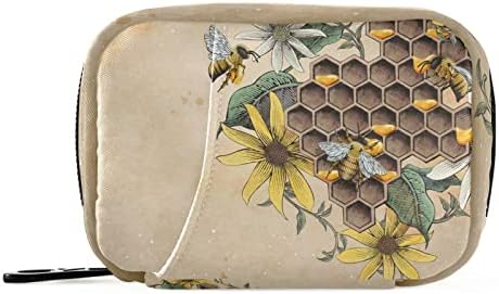 Vintage Sunflower Bee Pill Box 7 Day Pill Case Travel Pill Organizer Bag with Zipper Portable Weekly Case Compact Size for Vitamin Supplement Holder
