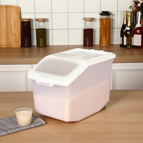 Sunnyray 4 Pcs Rice Storage Container 27.5 lb Airtight Flour Container with Wheels Measuring Cup White Pet Food Dog Cat Birds Food Bin Grain Cereal Organizer Box for Dry Baking Supplies