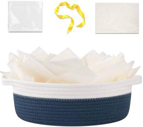OIAHOMY Gift Basket Empty with Handle, 12"x 8"x 5" Small Woven Basket with Gift Bag, Ribbon and Wrap Tissue Paper, Dog Toy Storage for Organizing - Blue & White