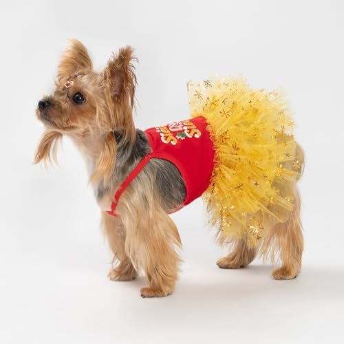 Fitwarm Sleigh Girl Sleigh Dog Tutu Dress, Fancy Christmas Clothes for Small Dogs Girl, Funny Holiday Pet Outfit, Red, Golden Yellow, Medium