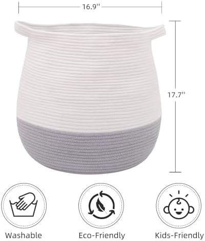 Large Cotton Rope Basket, Woven Storage Basket for Toy, Laundry and Blanket Organizer Basket, Round Hamper Basket with Handles for Kid's Room 17.7"x16.9"