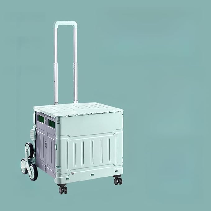 Collapsible Shopping Box Trolley on Wheels with Lid,75L Large Capacity Folding Portable Rolling Crate Handcart with Telescopic Handle for Camping (Green,Eight Wheel Medium)