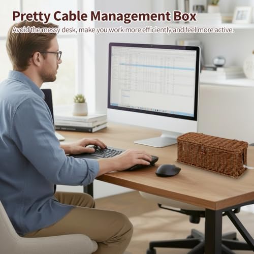 Cable Management Box, Desk Handwoven Rattan Cord Hider Cable Organizer Box With Lid Button Lock, Power Strip Cover Wicker Decorative Basket, Floor Wire Hiding Extension Cord Box (dark brown)
