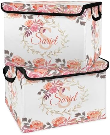 Floral Storage Bin with Lid Personalized Storage Baskets for Organizing Foldable Closet Organizers with Handles,Cute Basket for Boys Girls for Clothes Blanket Pet Dog Toy Basket Storage (2 Pack)