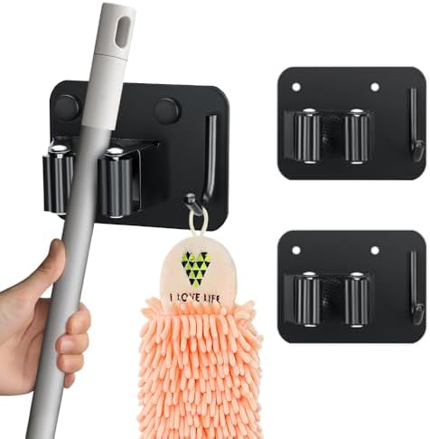 JAMEND CLXP 2-Pack Broom Holder with Heavy Duty Hooks, Upgraded Stainless Steel Mop Hanger. Wall Mount Utility Tool Rack for Kitchen Garden Laundry Garage. Matte Black.