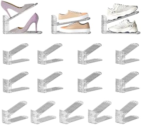 JOYZAN Clear Shoe Slots Organizer 16 Pack Adjustable Shoe Stackers for Closet Shoe Storage Space Savers 50% Shoe Rack Holder for Sneakers and Heels