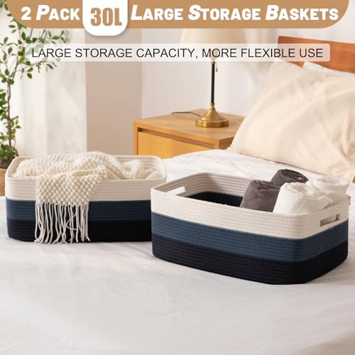 OIASKET Large Storage Basket for Organizing, Woven Rope Basket for Shelves, Closet Organizer Bins for Clothes, Blanket, Toys, Baby Nursery Storage, 17.7" x 13" x 7.87", 2 Packs Gradient Blue