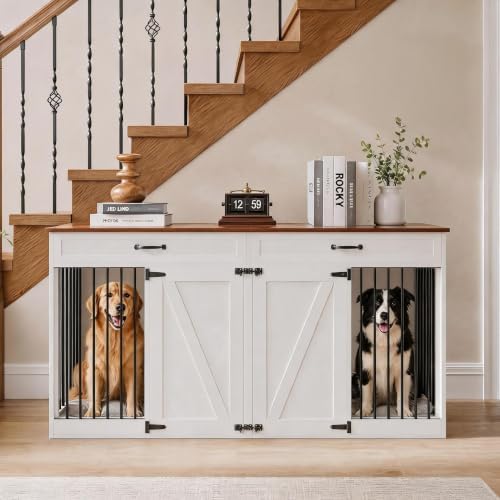 70.8" Large Dog Crate Furniture for 2 Dogs, Dog Crate with 2 Drawer, Farmhouse Dog Crate with Removable Divider Dog Kennel Furniture, Heavy Duty Dog Cage and TV Stand for Large Medium Dogs