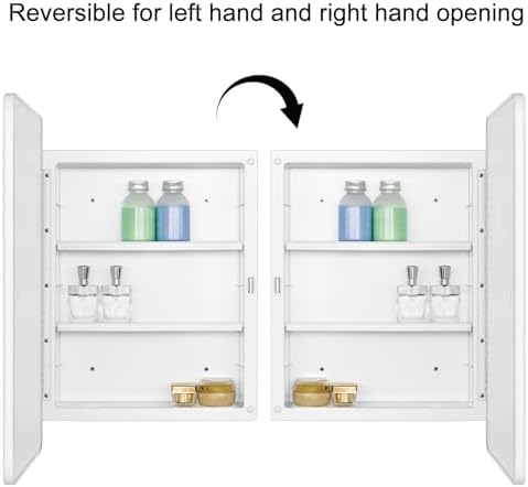 White 16x24 Bath Medicine Cabinet, Mirror Door, Recessed/Surface Wall Mount | White Mirrored Medicine Cabinet with Two Adjustable Plastic Shelves, Reversible Opening And Hardware; Arrives Pre-Assembled