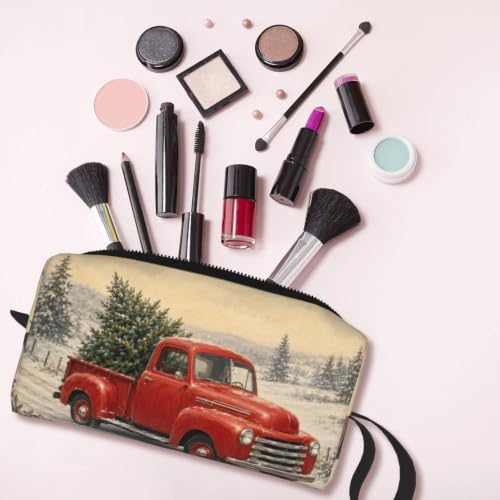 Vintage Red Truck in Snow Makeup Bag for Women, Cosmetic Pouch | Double-Sided Vintage Red Truck Cosmetic Organizer with Foam Padding for Women, Travel, Gym, School, and Daily Storage