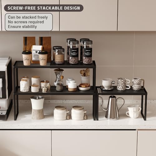 Magheo Expandable Kitchen Countertop Organizer, 2 Pack Stackable Cabinet Shelf Risers, Metal Spice Rack Heavy Duty Counter Organizer Storage for Kitchen, Pantry, Cupboard, Rv (8.7in Height,Black)