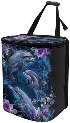 DISNIMO Blossom Dolphin Car Trash Can with Lid Collapsible Reusable Car Garage Bag Trash Bin, Automotive Garbage Can,Car Accessories Interior Car Organizer, Black