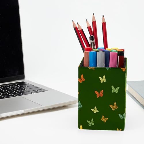 Butterfly Pen Holder for Desk Decor, Rectangular PVC Leather Pencil Cup for Desk Pen Organizer, Makeup Brush Holder for School, Home, Office