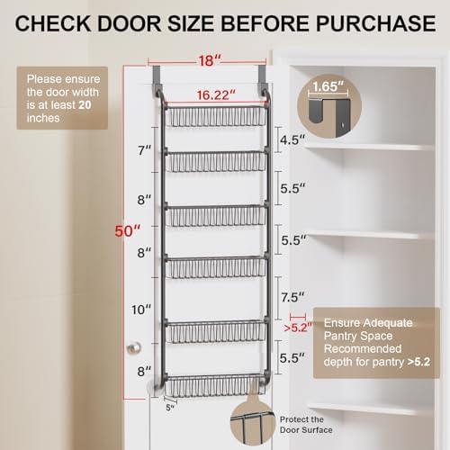 Delamu Over the Door Pantry Organizer, 6-Tier Metal Pantry Door Organization and Storage, Hanging Kitchen Basket Spice Rack Seasoning Shelves, Cabinet Door Organizer for Easy Install,D5xW18xH50inch