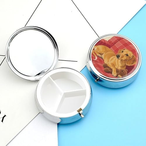 Portable Pill Box 3 Compartments, Small Round Metal Medicine Organizer for Pocket, Dachshund Weiner Pet Dog Pill Case for Vitamins, Fish Oil, Supplement & Travel