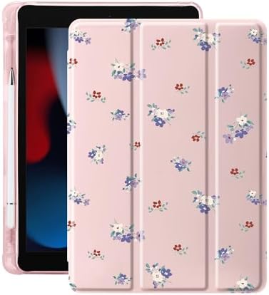 Cute Purple Flower Case for 8.3" iPad mini 6, Clear TPU Smart Stand Back Cover with Pencil Holder, Auto Wake/Sleep Foldable Four-Corner Shockproof Protective Case