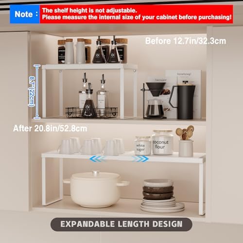 Magheo Expandable Kitchen Countertop Organizer, 1 Pack Stackable Cabinet Shelf Risers, Metal Spice Rack Heavy Duty Counter Organizer Storage for Kitchen, Pantry, Cupboard, Rv (8.7in Height,White)