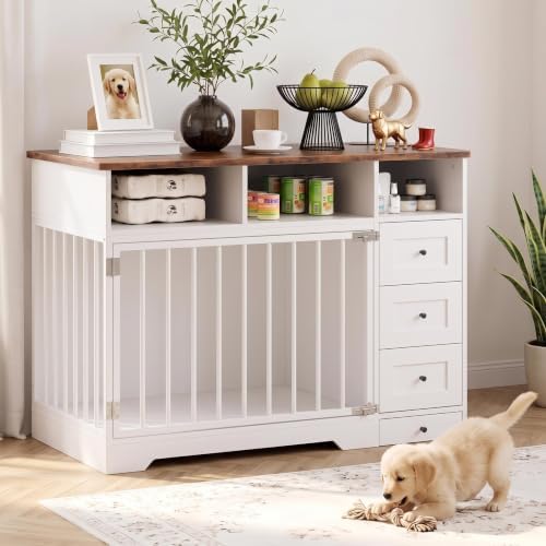IDEALHOUSE 48'' Dog Crate Furniture with Bowl & Storage Drawers, Farmhouse Heavy Duty Dog Kennel Table for Small Medium Dogs, Indoor Wooden Dog Cage for Living Room, Entryway, White