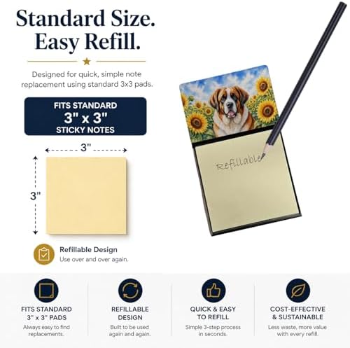 Caroline's Treasures Saint Bernard in Sunflowers Watercolor Sticky Note Holder Refillable Dispenser Desk Accessory 3x3 Pad Gift