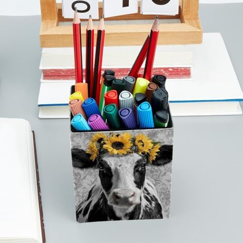 Sunflower and Cow Pen Holder for Desk Decor, Rectangular PVC Leather Pencil Cup for Desk Pen Organizer, Makeup Brush Holder for School, Home, Office