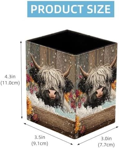 Barrel and Highland Cow Pen Holder for Desk Decor, Rectangular PVC Leather Pencil Cup for Desk Pen Organizer, Makeup Brush Holder for School, Home, Office