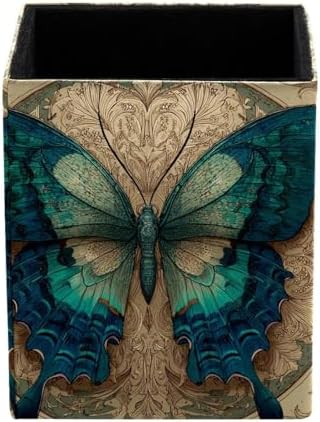 Art Butterfly Pen Holder for Desk Decor, Rectangular PVC Leather Pencil Cup for Desk Pen Organizer, Makeup Brush Holder for School, Home, Office
