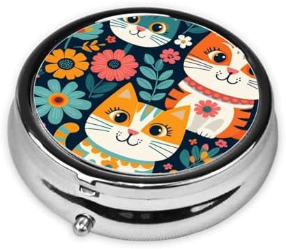 ZhongGuo Funny Cats Birds and Flowers Printed Pill Organizer,Round Travel Pill Organizer Mini Medicine Pill Box for Purse Iron Plating
