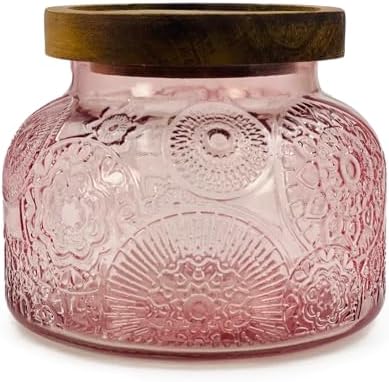 Decorative Pink Embossed Glass Jar with Airtight Wooden Lid, 25.4 fl. oz | Wide mouth vintage storage canister, kitchen pantry bathroom organization, coffee sugar tea cookie candy candle vase gift